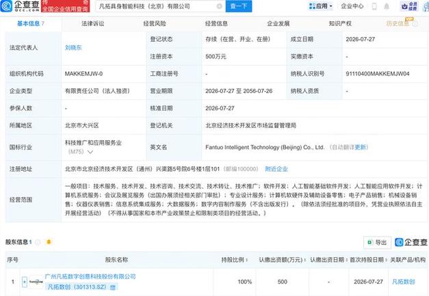 成立,經(jīng)營范圍包含:人工智能基礎(chǔ)軟件開發(fā)